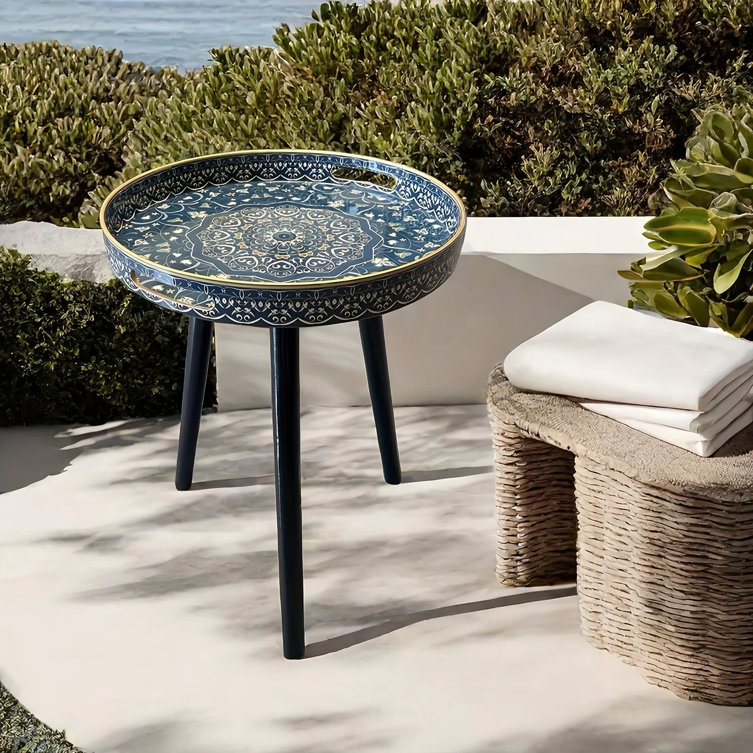 Bohemian Round Side Table with Marble-like Turkish/Mandala Pattern ,Plastic Tray Coffee Table for Indoor/Outdoor Use
