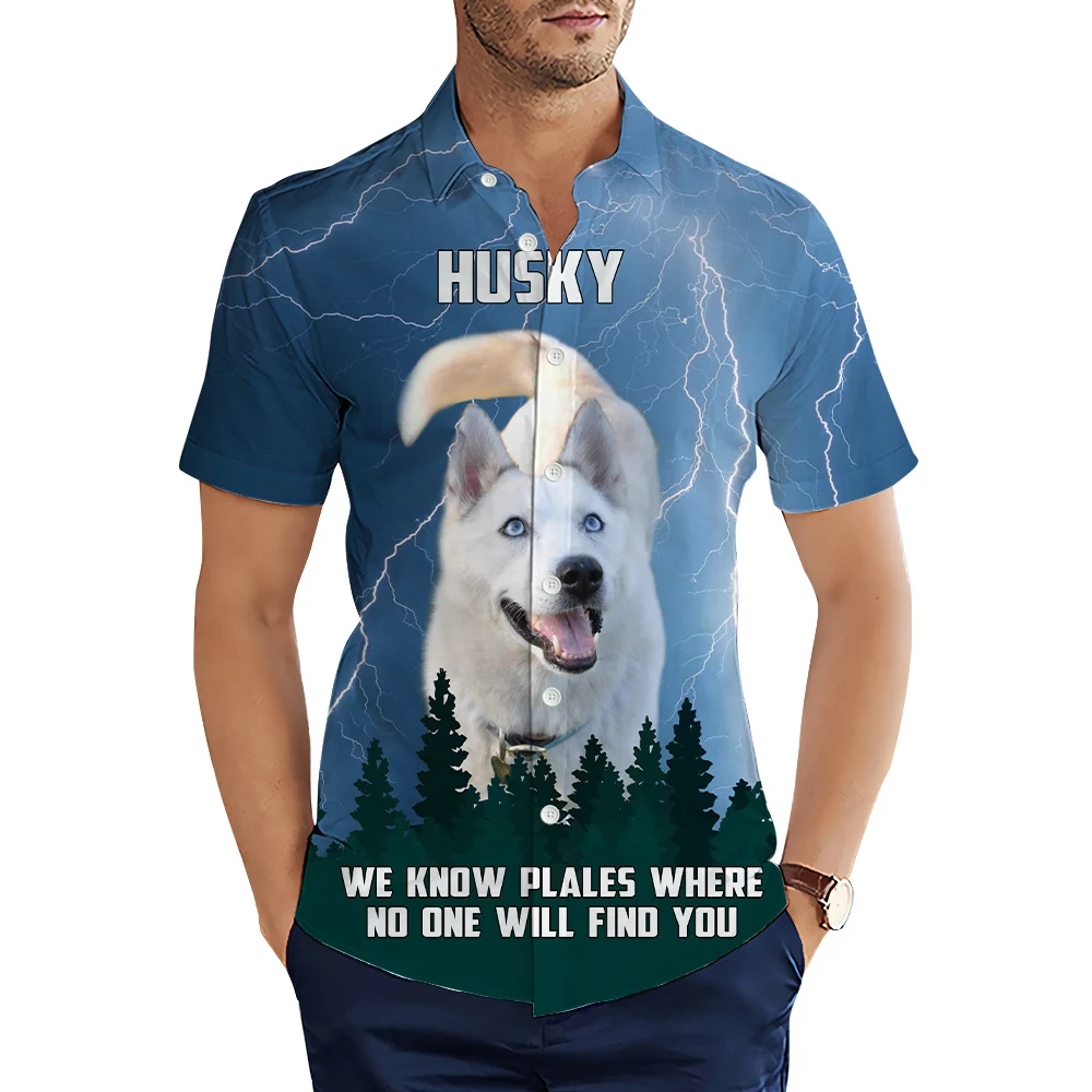 

HX Fashion Men's Shirts White Husky Lightning Forest 3D Printed Casual Shirt Summer Short Sleeve Shirts for Men Clothing