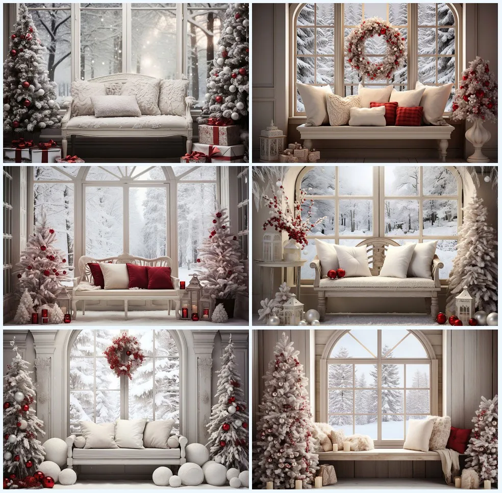 

Avezano Christmas Window Backdrop Interior Snowy Xmas Tree Wreath Portrait Photography Background Photo Studio Photocall Props