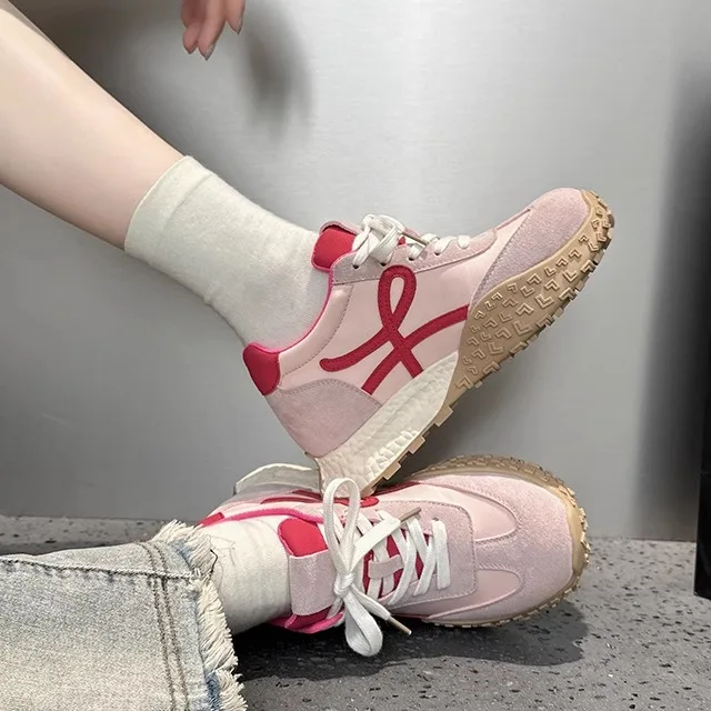 

Vintage Style Women's Sneakers 7cm Thick Heel Retro Sports Dad Shoes Leather Upper Low Cut Casual Footwear for Ladies