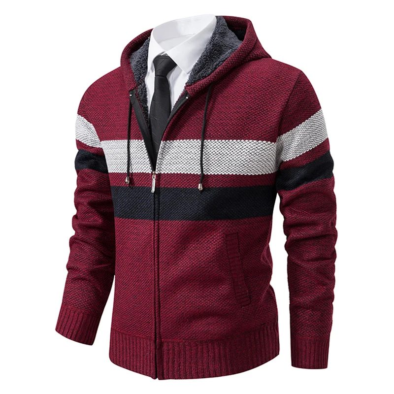 

Man Sweater Cardigan Stripe Zipper Knit Jacket Fleece Warm Hooded Sweaters Coat Men's Street Casual Male Jacket Coat Jumper