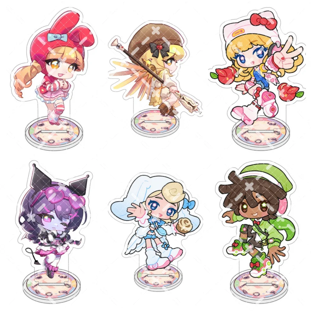 Overwatch Mercy Cute Chibi Acrylic Figure Stand Keychain, Blonde Hat Bow Wings Magic Staff Tabletop Ornament Fans Gift