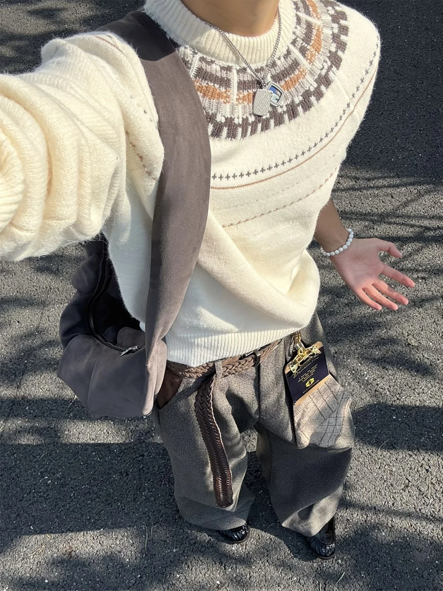 

Мужской вязаный свитер в американском ретро-стиле с вышивкой Fair Isle, свободного кроя, с круглым вырезом, повседневный, с длинным рукавом