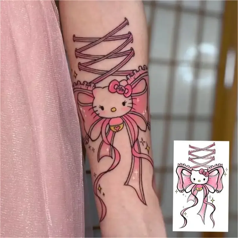 Sanrio Hello Kitty Flower Arm Tattoo Sticker, Kawaii Anime Character, Impermeável, Descartável, Fofo, Desenhos animados, Menina