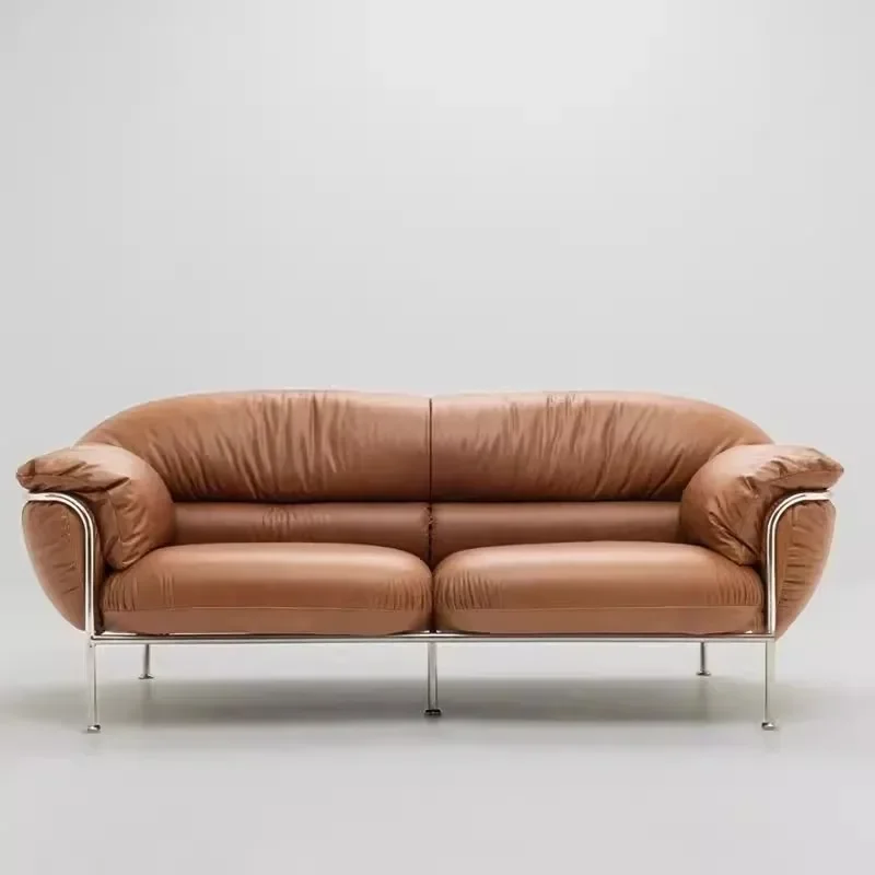Retro oil wax boxing sofa straight row living room small apartment medieval design stainless steel leather sofa