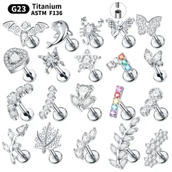 1PC Titanium Flat Back Stud Earring 16G 8mm Crystal Flower Butterfly Star Internal Thread Labret Helix Cartilage Monroe Piercing