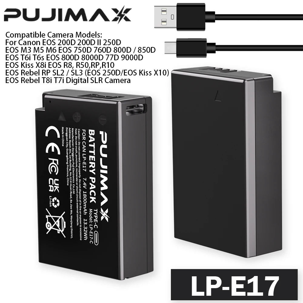 PUJIMAX 1800mAh LPE17 LP E17 LP-E17 Battery with USB-C Input for Canon EOS RP 200 250D M3 M5 M6 750D 760D T6i T6s 800D 8000D 77D