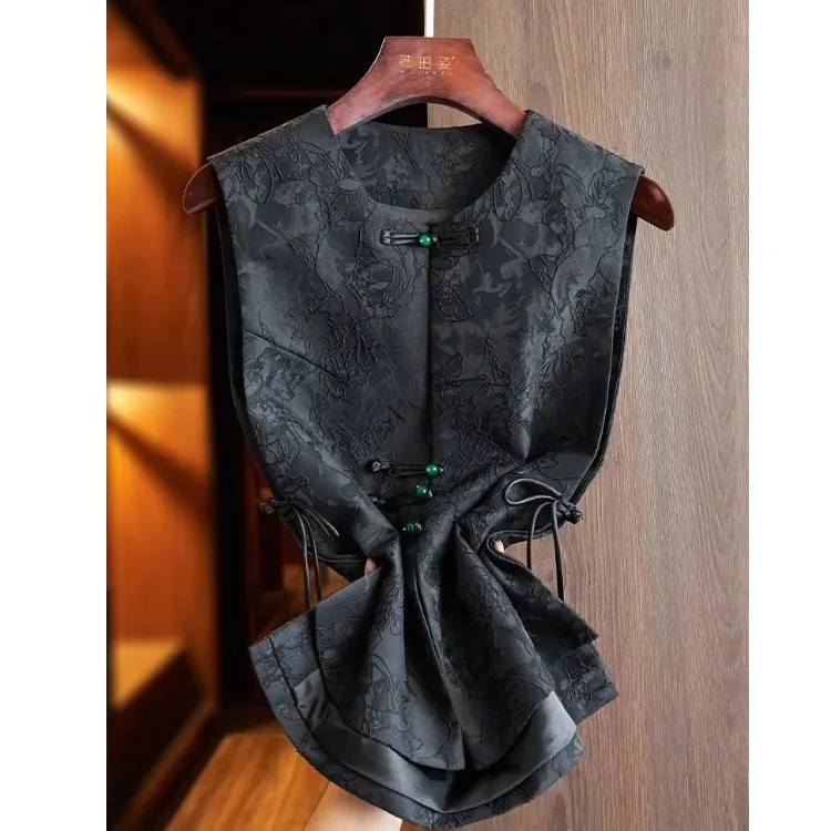 New Chinese Style Women's Vest Early Autumn round Neck Sleeveless Retro National Flower Patterned Black Top Outerwear