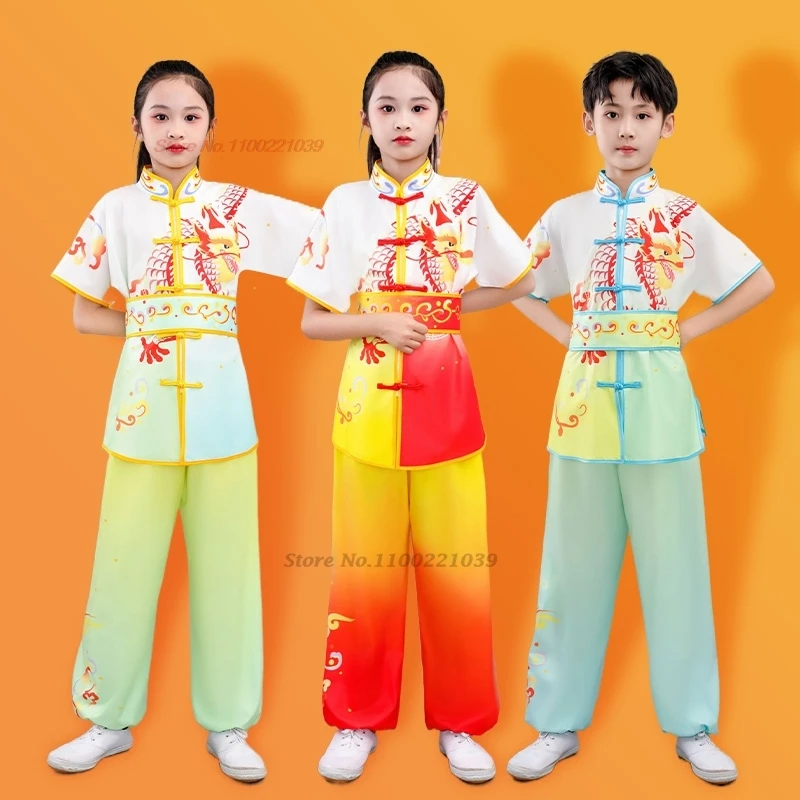 

2026 Китайская винтажная одежда для ушу, униформа для боевых искусств, детский костюм для кунг-фу с принтом дракона, для тренировок и выступлений на сцене