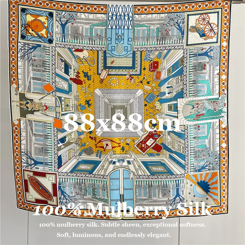 

88x88cm 100% Real Silk Scarf Print Soft Hand-Rolled Hem Modern Fashion Hair Band Bandana Hijab Large Square Shawl Wrap Scarves