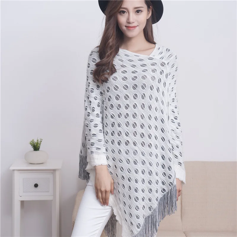 Spring Autumn New Double-layer Irregular Shawl Hollowed Out Tassel Lattice Cloak Versatile Loose Pullover Poncho White