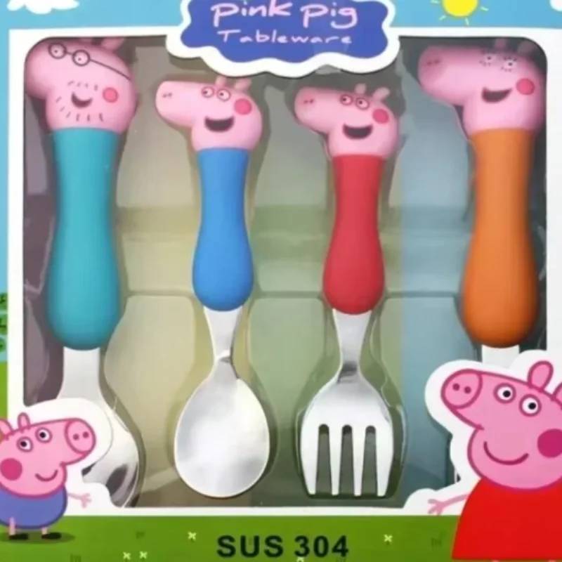 Peppa Pig Tableware Fork Spoon Action Doll Toy George Pig Dad Mom Cartoon Anime Pattern Party Toy Gifts for Boys and Girls