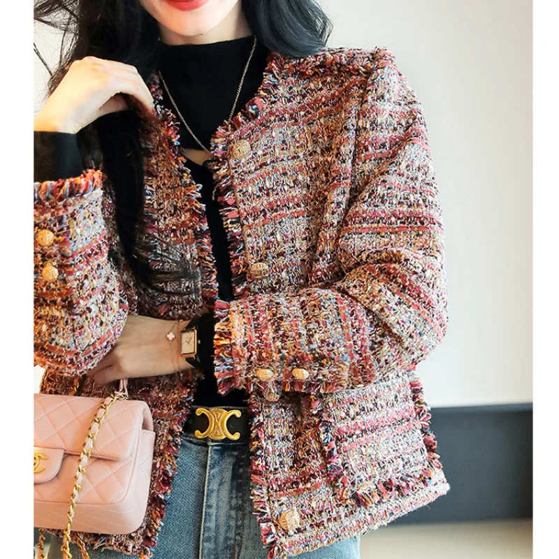 Jaqueta curta de tweed xadrez pequena para mulheres, gola em O, manga comprida, casual, solta, rosa, chique francês, senhora do escritório, francês