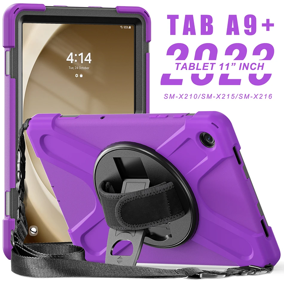 

Durable Silicone Case for Samsung Galaxy Tab A9 Plus 11" X210 Kids Shockproof Hard Back Cover with 360 Rotation Kickstand+Strap