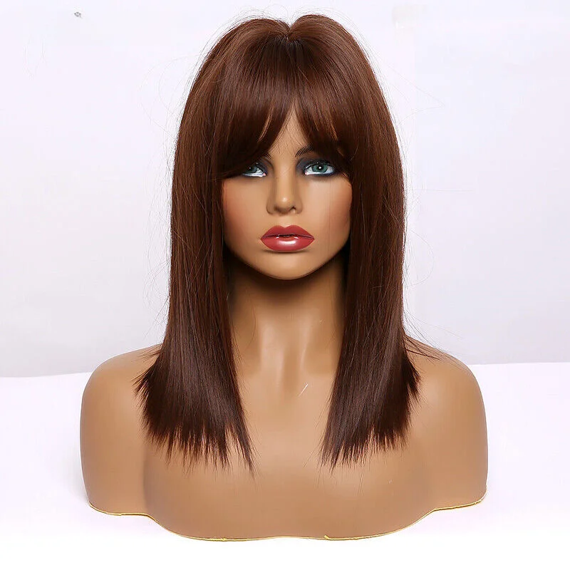 Reddish Brown Wigs for Women Girls Shoulder Length Straight Bob Wig with Bangs Synthetic