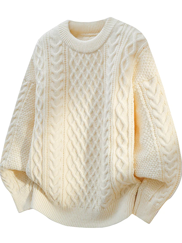 

Thiened Loose Knitted Men's Sweater Twist Flower Pure Color round Ne Casual Sle Warm Winter New Arrival Woolen Sweater