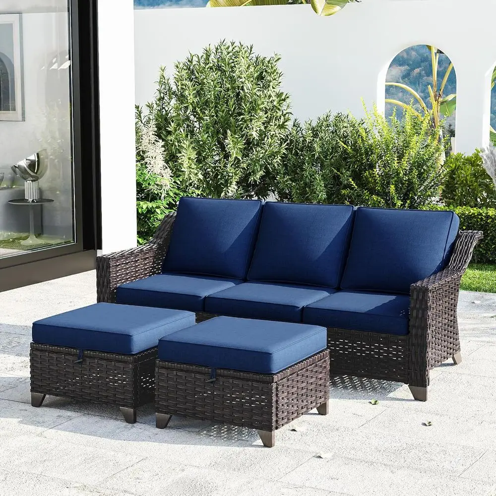

3-Piece Outdoor Wicker Sofa Set with High Back, Ottoman, and Comfortable Cushions, Weather-Resistant, Large Size, Brown/Blue