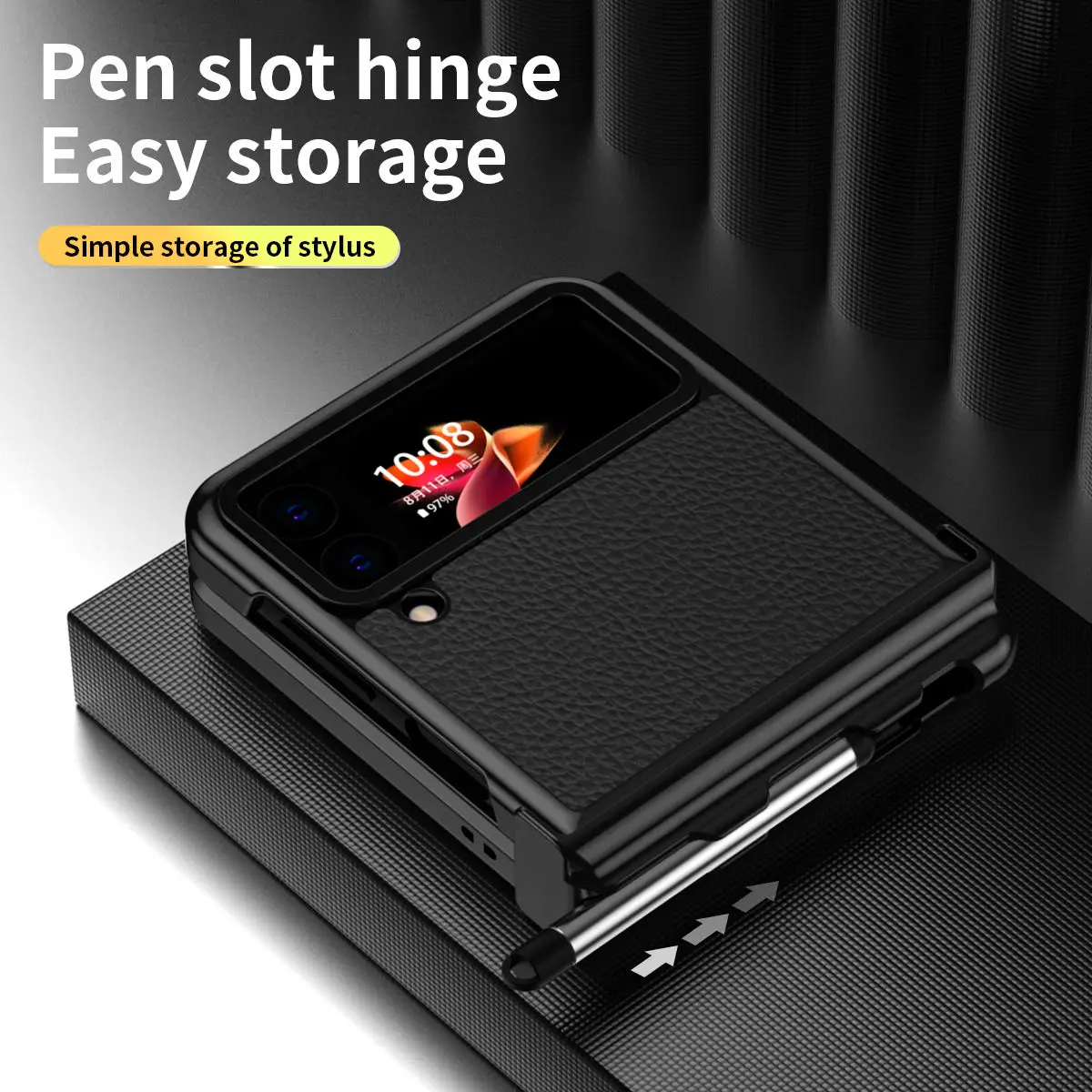 Electroplated Plain Leather Case For Samsung Galaxy Z Flip 4 with Double Hinge and Telescopic Pen Design Full Protection Cover
