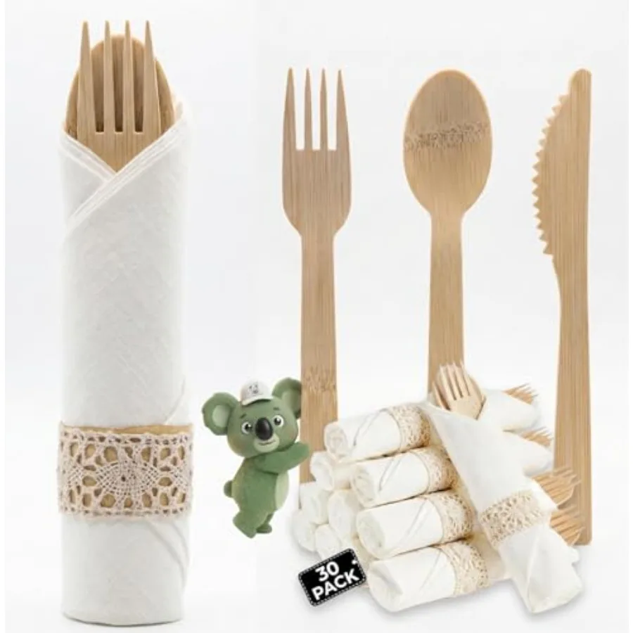 

Pre Rolled Napkin and Bamboo Cutlery Set - 30 Pack Bamboo Utensils Wooden Cutlery 30 Forks 30 Knives 30 Spoons 30 Napkins, Pre
