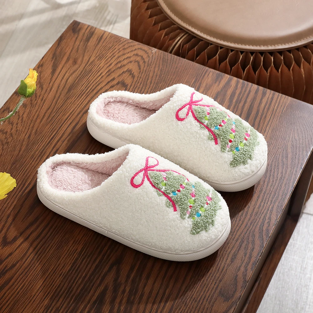 

Comfortable Furry Slippers Thick-Soled Warm Slip-On House Shoes Bow Xmas Tree Pattern Christmas Plush Slippers for Men Women
