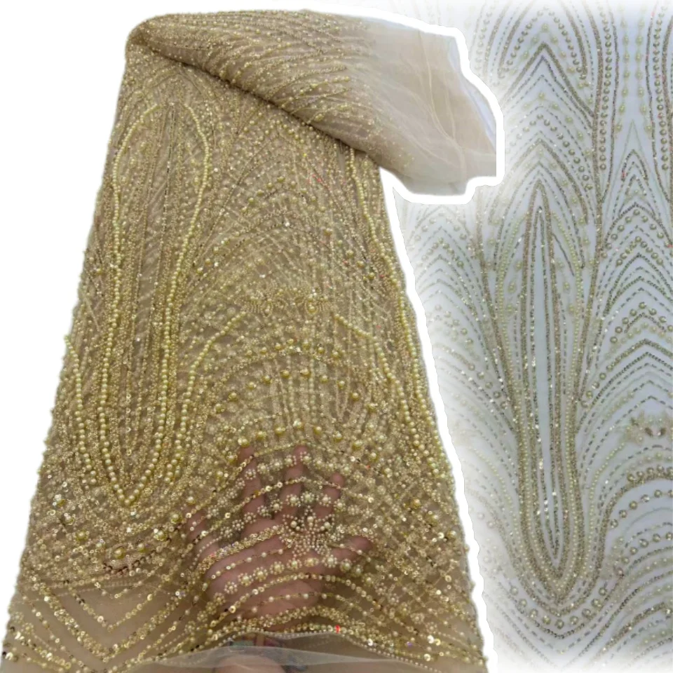 

Африканское кружево с бисером 5Y, нигерийское кружево с пайетками и бисером 2026, французское кружево для пошива вечерних платьев 2339