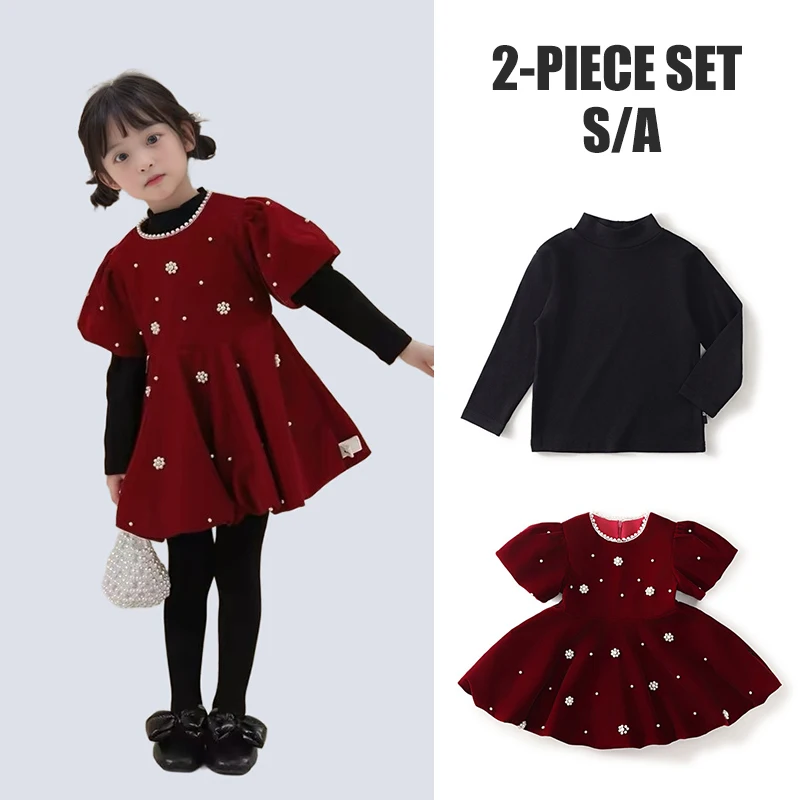 

Children Girl Dresses Red Pearl Dress Puff Sleeve Children Princess Dress Birthday Party Costume For Kids 2-7Years Girl Clothes