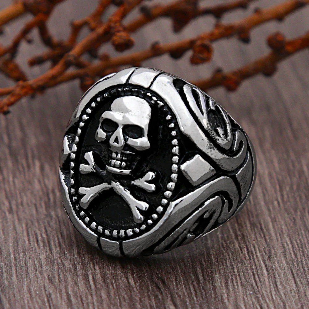 Gothic Stainless Steel Pirate Skull Ring For Men Punk Gold Color Biker Skull Stamp Rings Jewelry Gift for Boyfriend Size 7-13