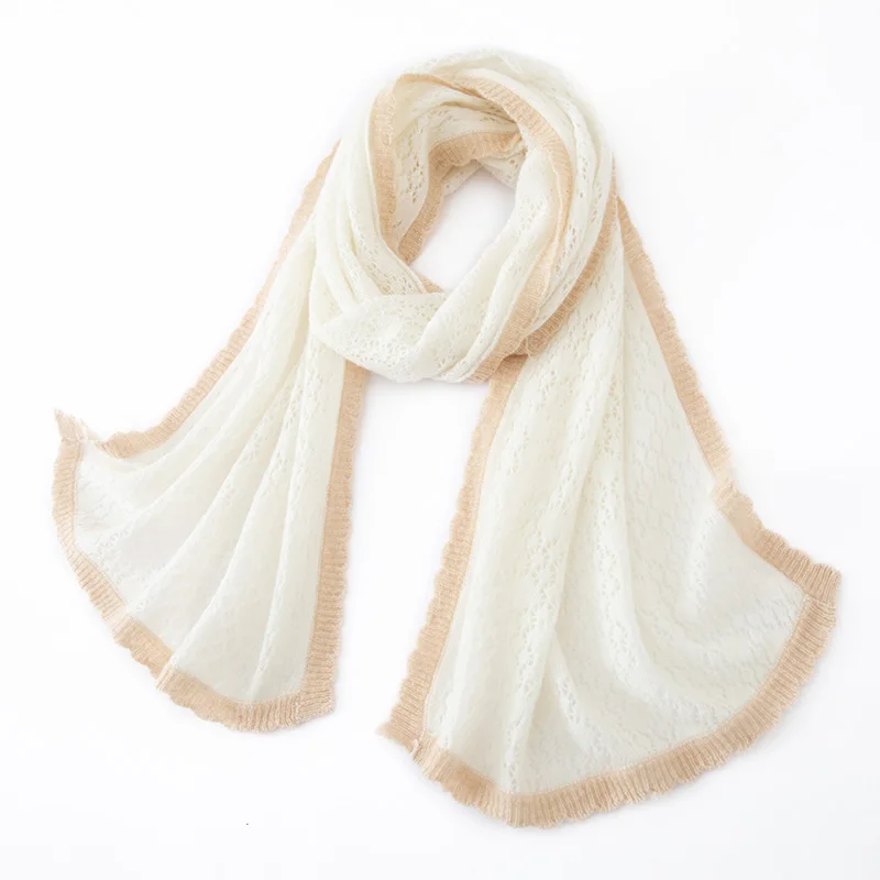 

High Quality 100% Cashmere Scarf, Women's Four Season Universal Scarf, Fashion Contrasting Color Striped Knitted Lace up Scarf