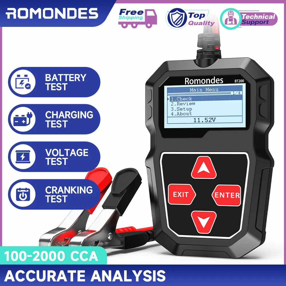 Romondes BT200 Battery Testers 12V Battery Tester 100-200CCA with Battery Cranking Charging Tests for Cars Professionals and DIY