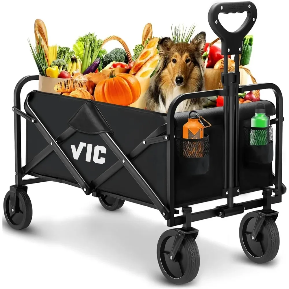 

Collapsible Folding Wagon, Beach Wagon Cart Heavy Duty 400LBs Foldable, Utility Grocery Wagon