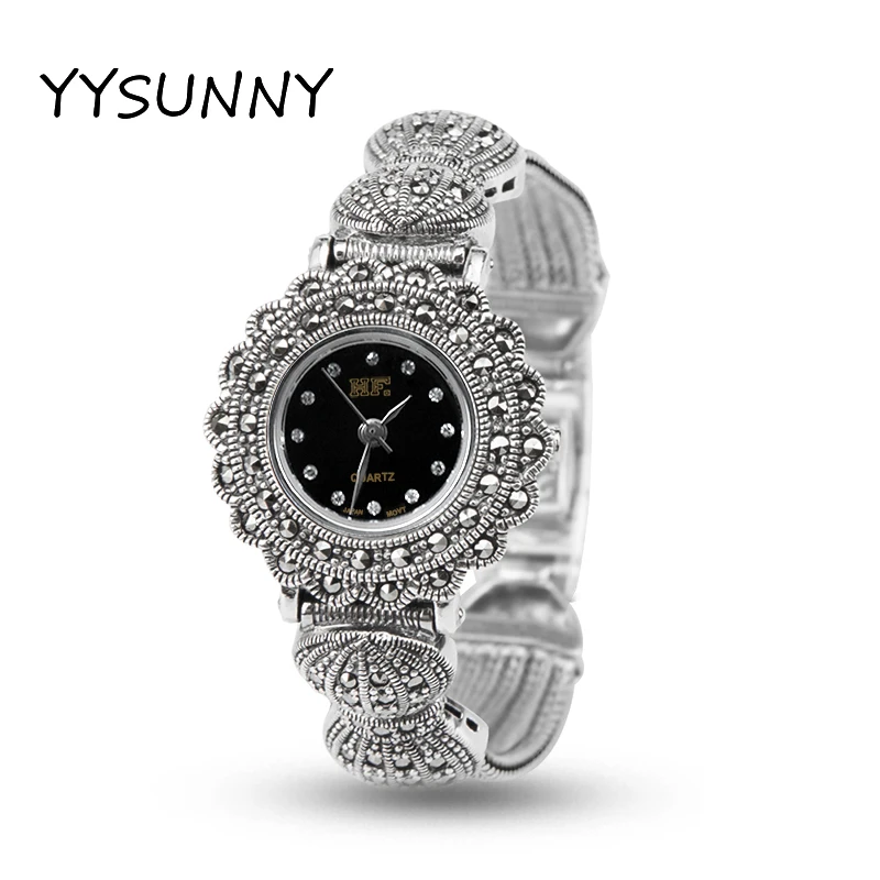 YYSUNNY Trendy Round Sun Shaped Wrist Watch for Women S925 Sterling Silver Ladies Elegant Weave Bracelet Jewelry Accessories