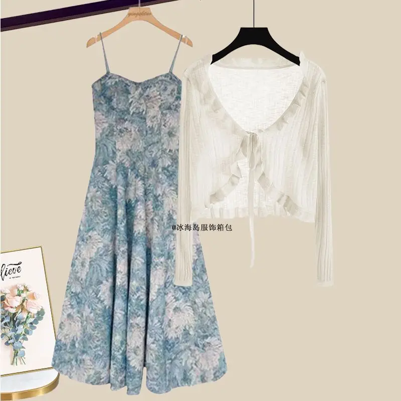 Spring/Summer 2024 New Versatile Set of Fashion Sunscreen Cover Up Top with French Sling Dress Two Piece Set
