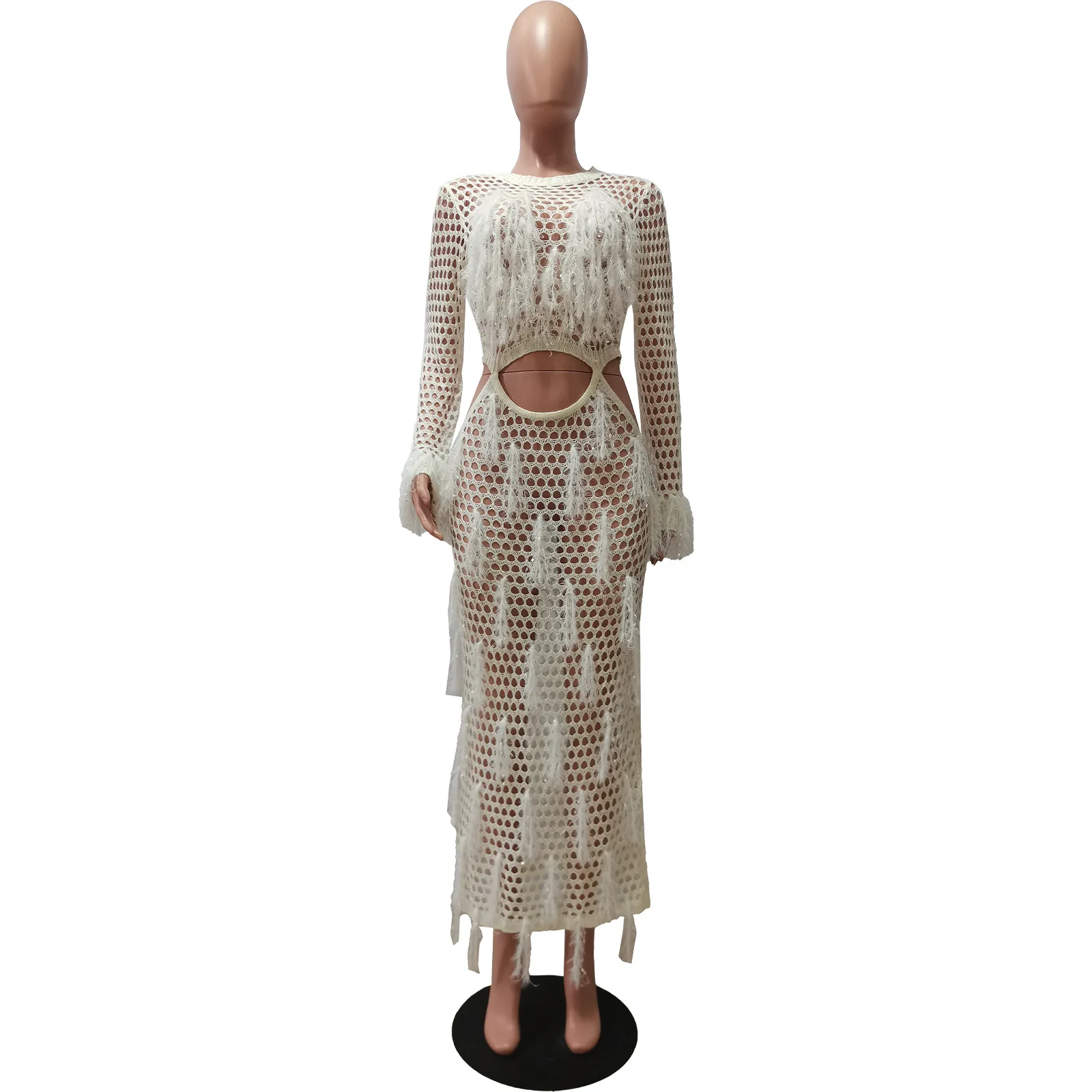 새로운 여성 캐주얼 스팽글 비치 스커트 A라인 롱 드레스 프린지 컷아웃 라운드 넥 미드웨이스트 롱 슬리브 단색 출퇴근용