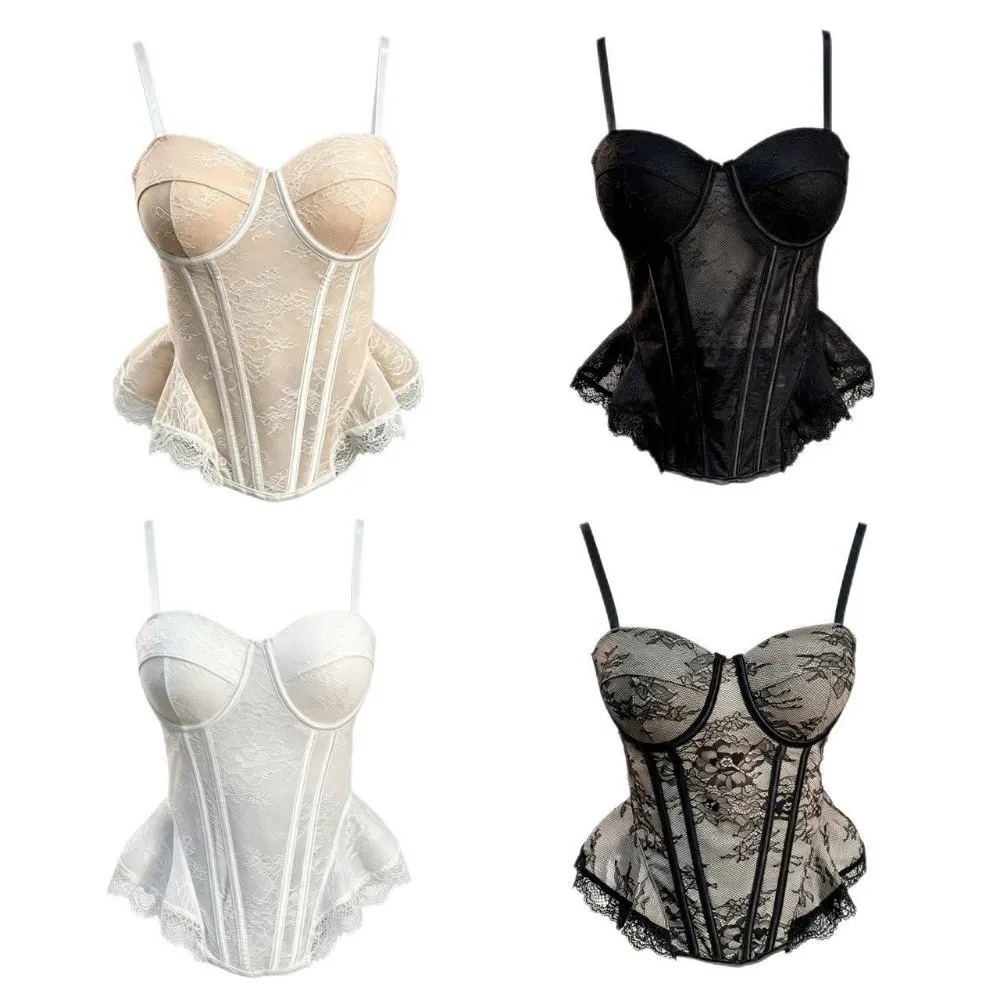 Tanktop aus Mesh-Spitze, transparentes, ärmelloses Crop-Top, Fischgrätenmuster, figurbetontes Spitzenkorsett für Damen – Detail 1