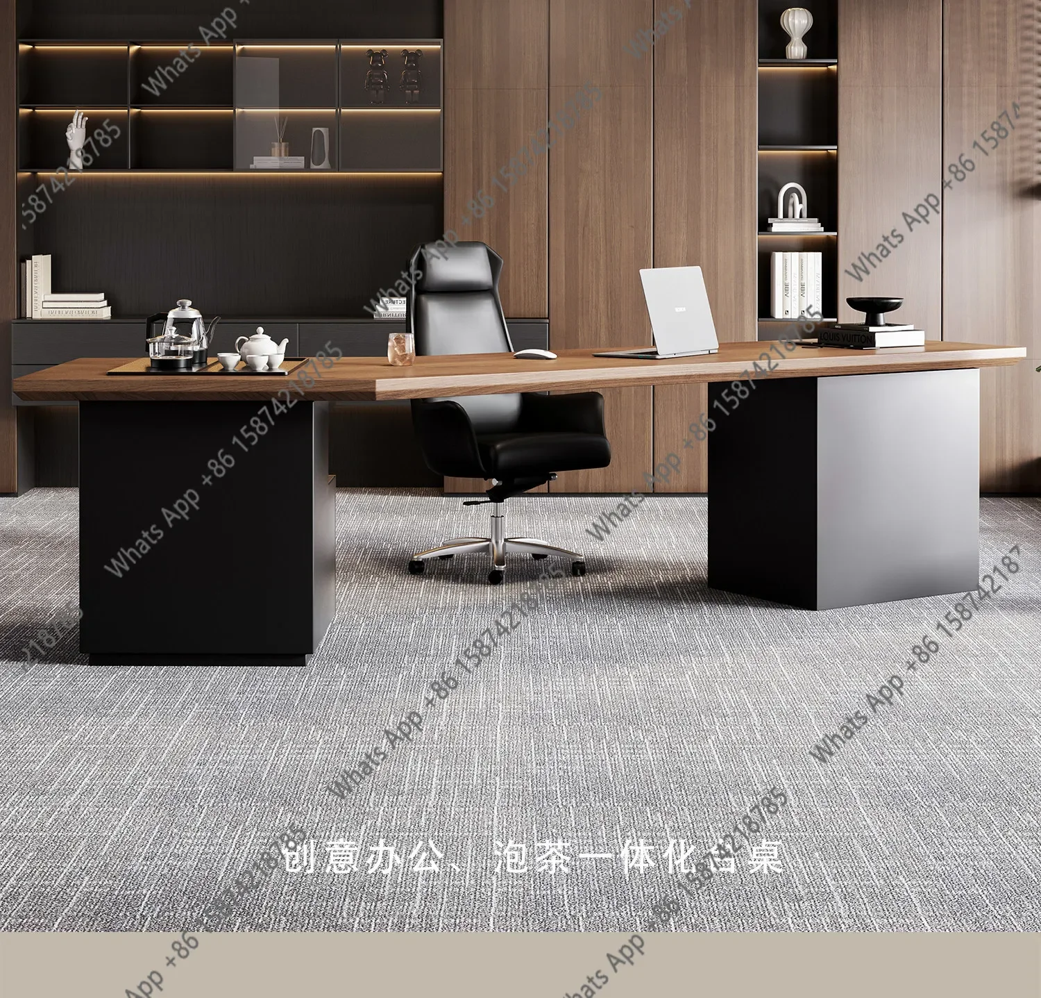 Solid Wood Boss Table With Tea Table, Integrated Tea Table And Desk All-in-one High-end Light Luxury Modern X