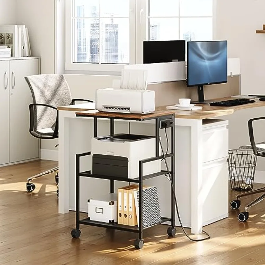 Mobile Printer Stand, 3-Tier Industrial Printer Cart with Power Outlets and 2 USB Ports, Rolling Printer Table on Wheels for Ho