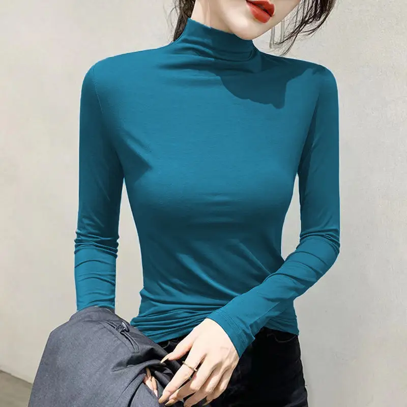 New Basic Turtleneck Long Sleeve Women T-shirt Autumn Winter Long Sleeve Slim Stretch Tops Ladies Sexy All-match Tees