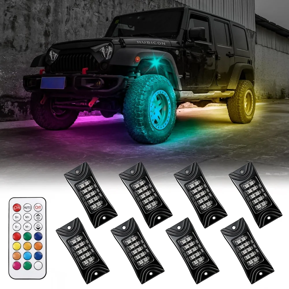 New 8PCS 128LED RGB Chasing LED Rock Lights, 12V Remote Control Underglow Lights for Jeep Truck ATV UTV