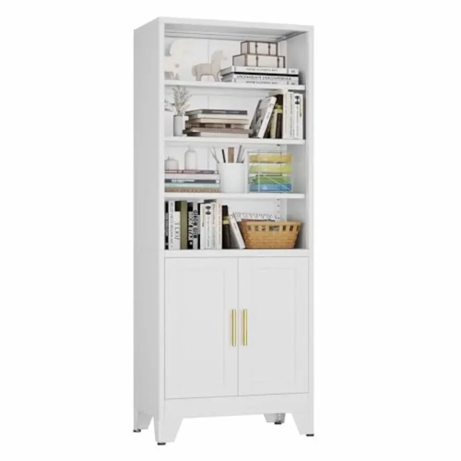 Metal bookcase with doors for home office, living room, bedroom; industrial-style 71-inch tall 6-tier floor shelf in black; dur