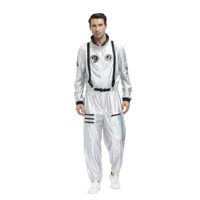 A Silver Astronaut Costume Couple Spaceman Astronaut Jumpsuit Flight Suit For Women Men Halloween Cosplay Adult Pilot Fancy Dres