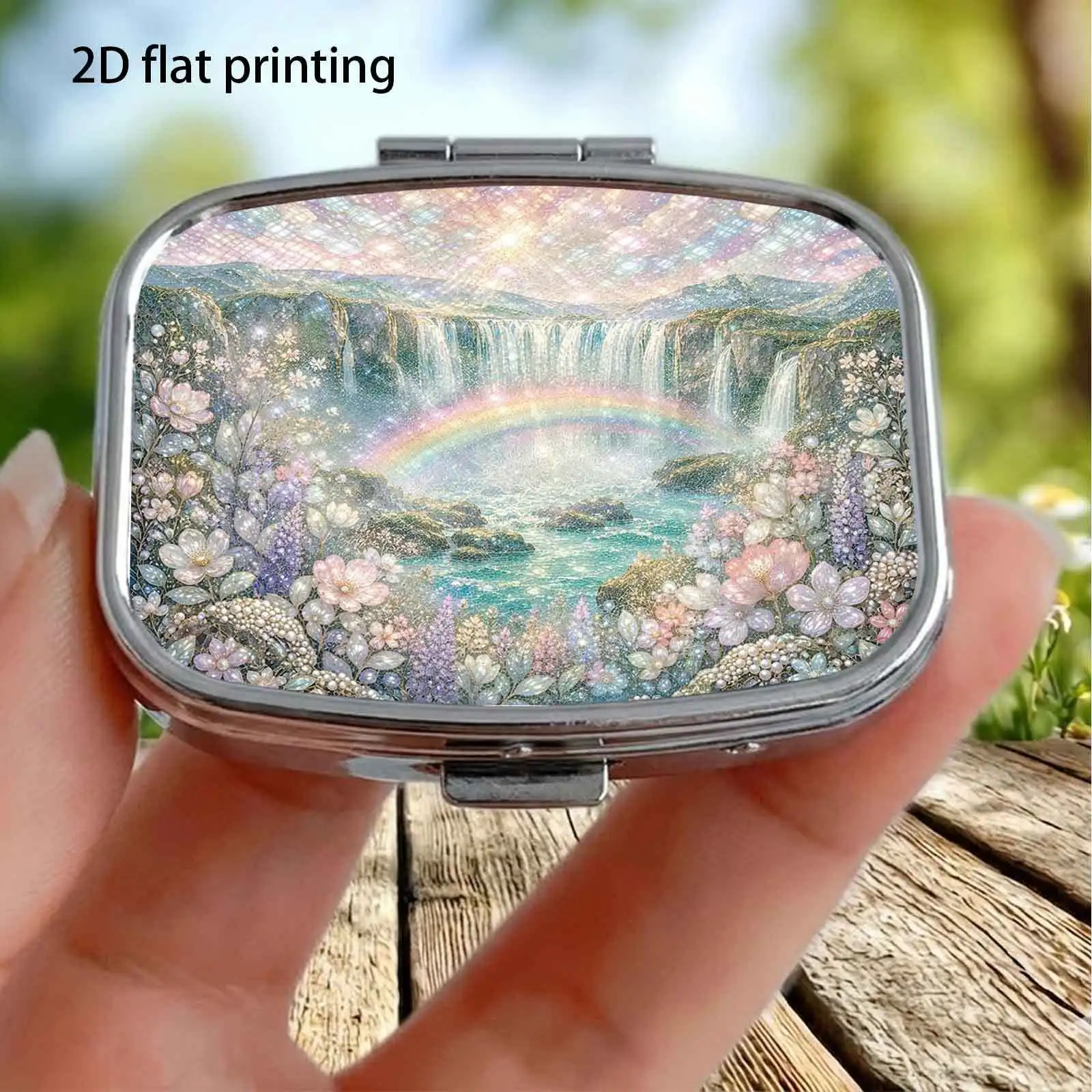 Cloudy Mountain Forest Double-Layer Waterfall Rainbow Wonderland Healing Landscape Pattern, Small Square Two-Compartment Pill Organizer, Portable Medicine Storage, Can Also Be Used as a Household Portable Organizer, Decorative Box, Perfect for Handbags, Wallets, and Travel, Metal Storage Box, Small Jewelry Organizer, Holiday Gifts, Souvenirs, Prizes, Small Gifts
