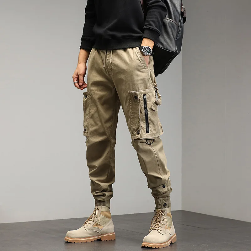 New Mens Cargo Pants Fashion Drawstring Cotton Casual Trousers Men Jogging Streetwear Multi Pocket Solid Color Outdoor Pants Man