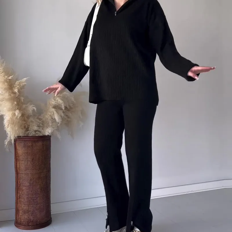 Women Pant Sets Two Piece Long Pants Solid Knit Splice Full Sleeve Zipper Thick Cardigan Sweaters Pullover Elegant Office Lady