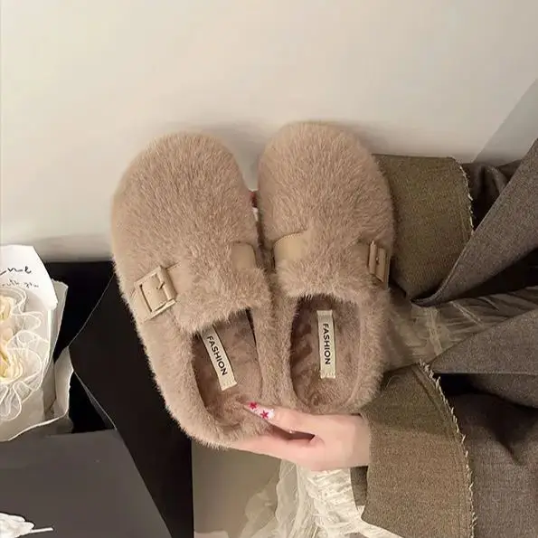 

Women's Fleece-Lined Slippers for Outdoor Wear Autumn/Winter Half-Covered Cotton Slippers Warm and Soft