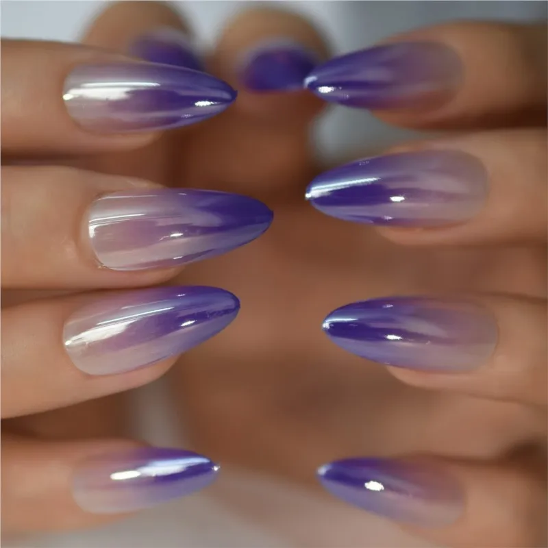 Faux ongles de longueur moyenne, violet brillant, couleur chair ombré, n64, nail art, couleur amande chromée, magnifique nickel é, couverture complète