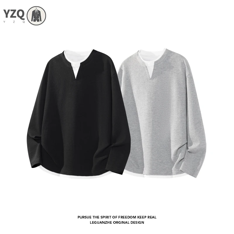 Oversized Fake Two Piece Long Sleeve Top For Males Notch Neck Waffle Knit Texture Trendy Street Casual Apparel image 4
