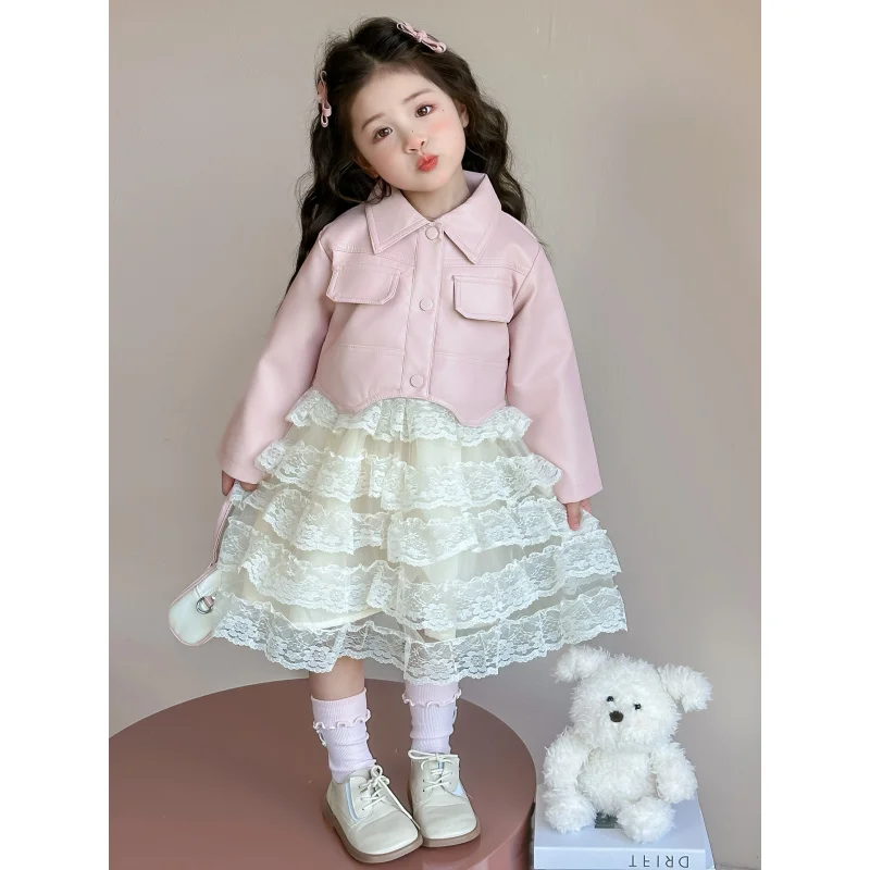 

Girls' Leather Jacket Set for Spring and Autumn2025New children's baby coat princess style tulle dress two-piece set