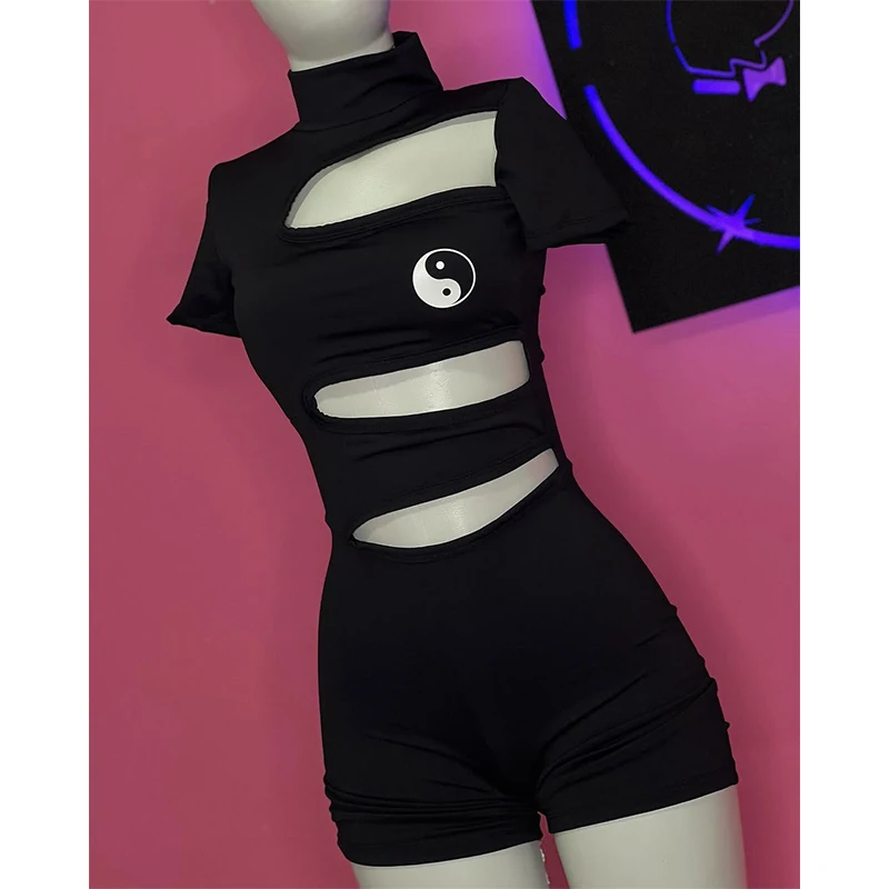 Y2K Gothic Harajuku Body Collo alto T-shirt a maniche corte Tuta Pantaloncini Nero Donna Punk Scava Fuori Abiti sexy della tuta