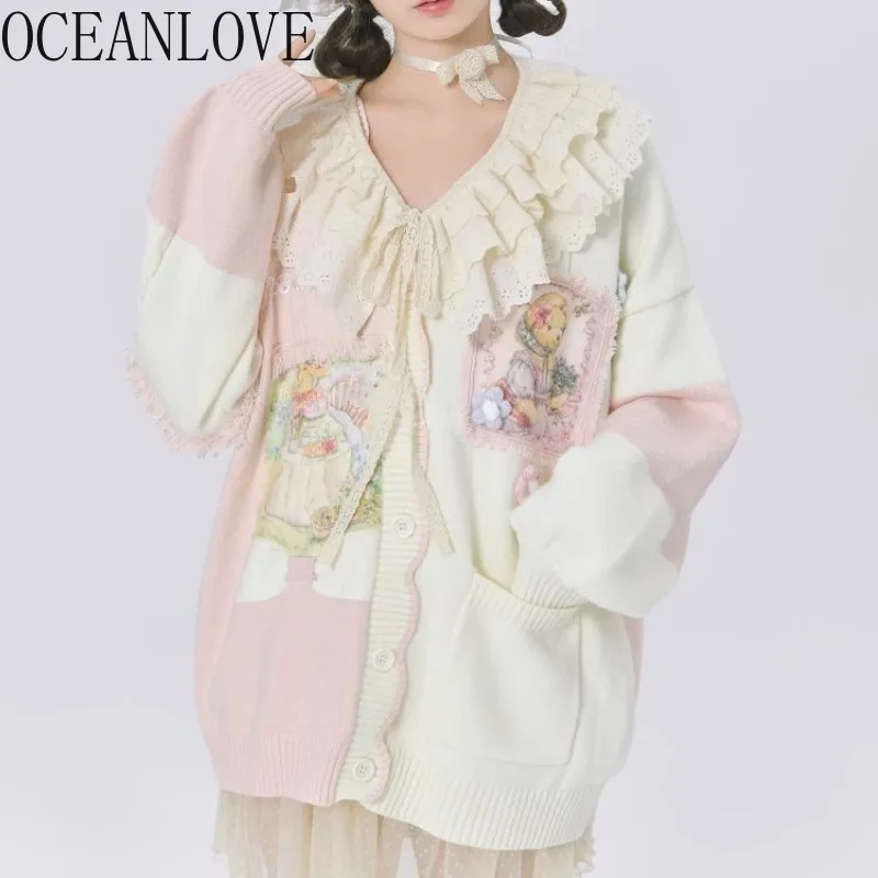 OCEANLOVE Cartoon Sweet Cardigans Autumn Winter French Style Vintage Women Sweaters V Neck Kawaii Fashion Cute Knitwears