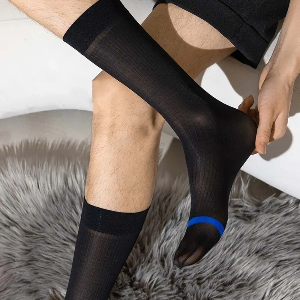 Comfortable Translucent Men Ultra Thin Dress Tube Socks Stripe Middle Tube Business Dress Stockings Sheer Hosiery Thin Men